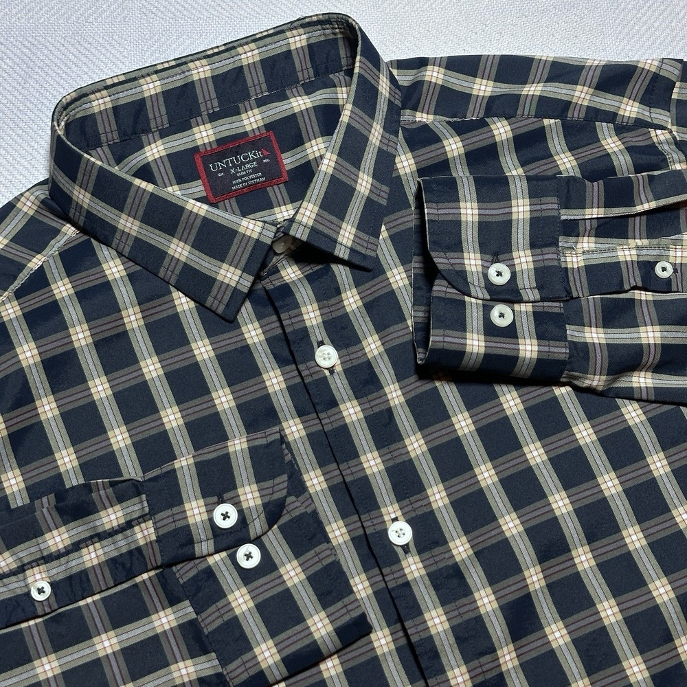 UNTUCKit Dorin Button Up‎ Shirt Mens XL Navy Check Plaid Performance Slim Fit